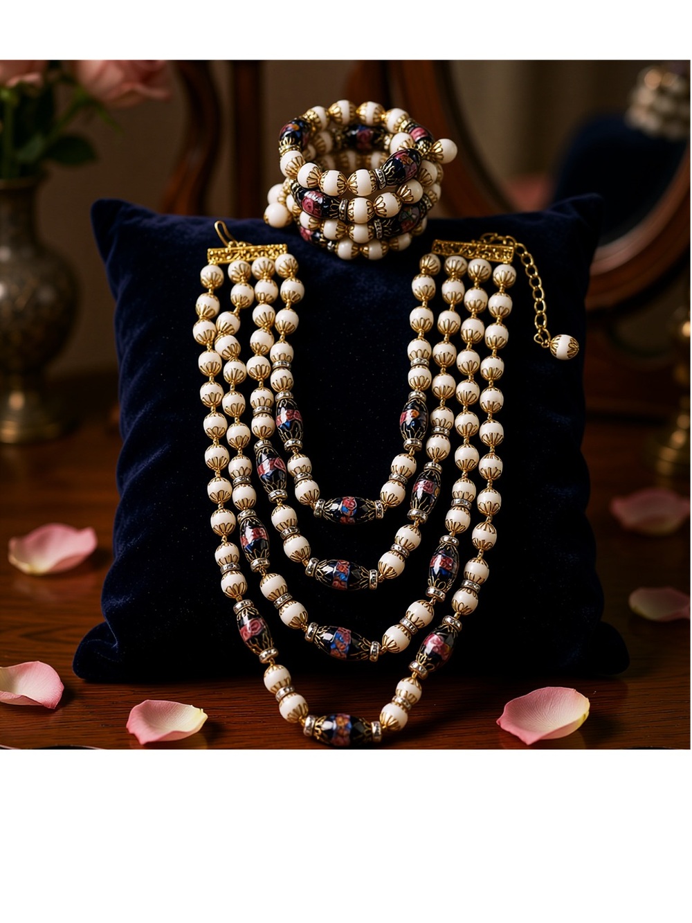 HOBE 4 Strand Necklace & Bracelet White/Multi-Color Beads Signed Pre-owned